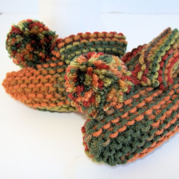 Hand Crafted Baby Slippers Boots Shoes Pompom Knit Browns Greens Orange Fall - Picture 3 of 11